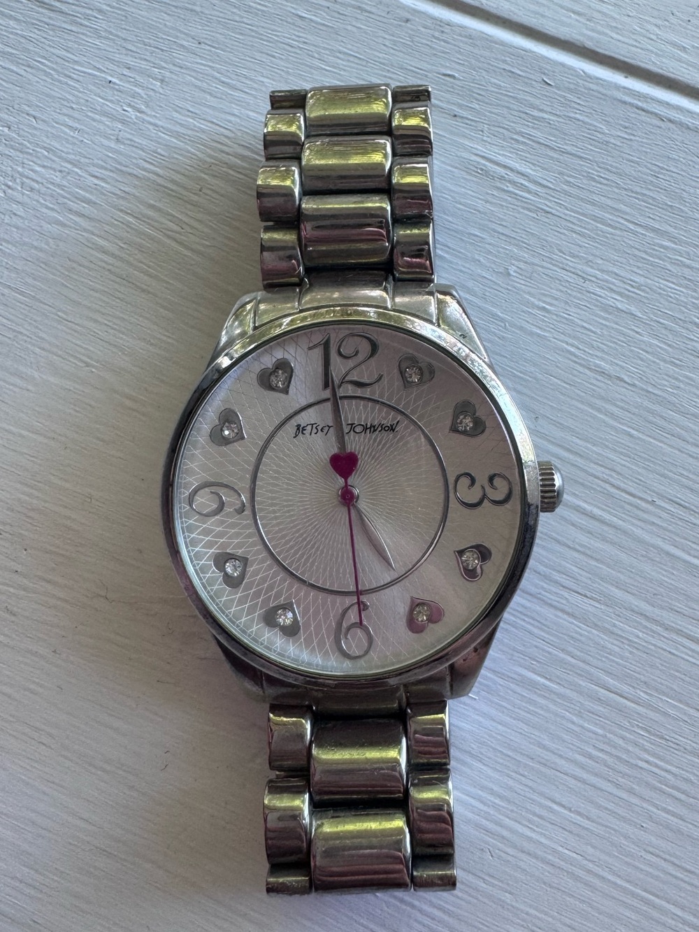 Betsey Johnson Silver Tone Watch with Pink Heart Second Hand